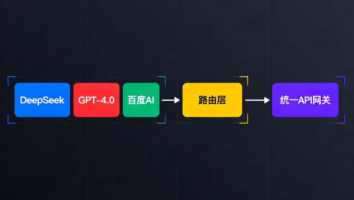 多模型架构示意图，展示DeepSeek、GPT-4.0和百度AI三个模型通过路由层连接到统一API网关的技术架构图，使用不同颜色区分各模块。