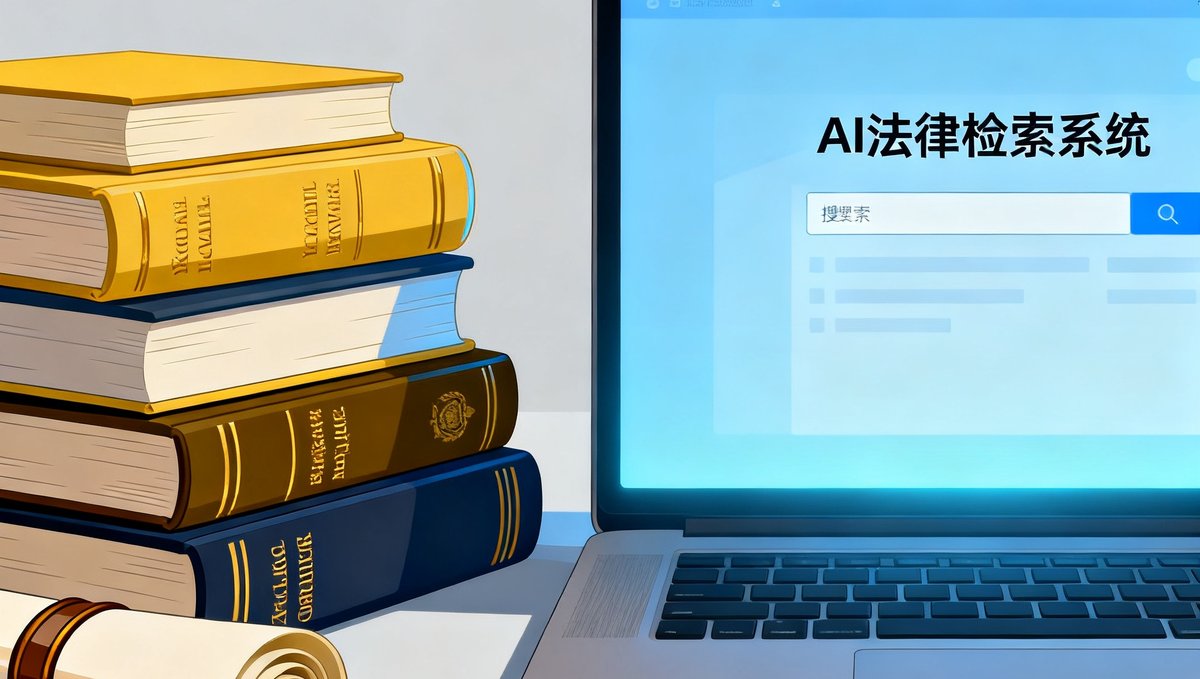 律师事务所案例研究配图，画面左侧为堆叠的法律书籍和卷宗，右侧为显示AI搜索界面的笔记本电脑屏幕，体现传统与现代的融合。