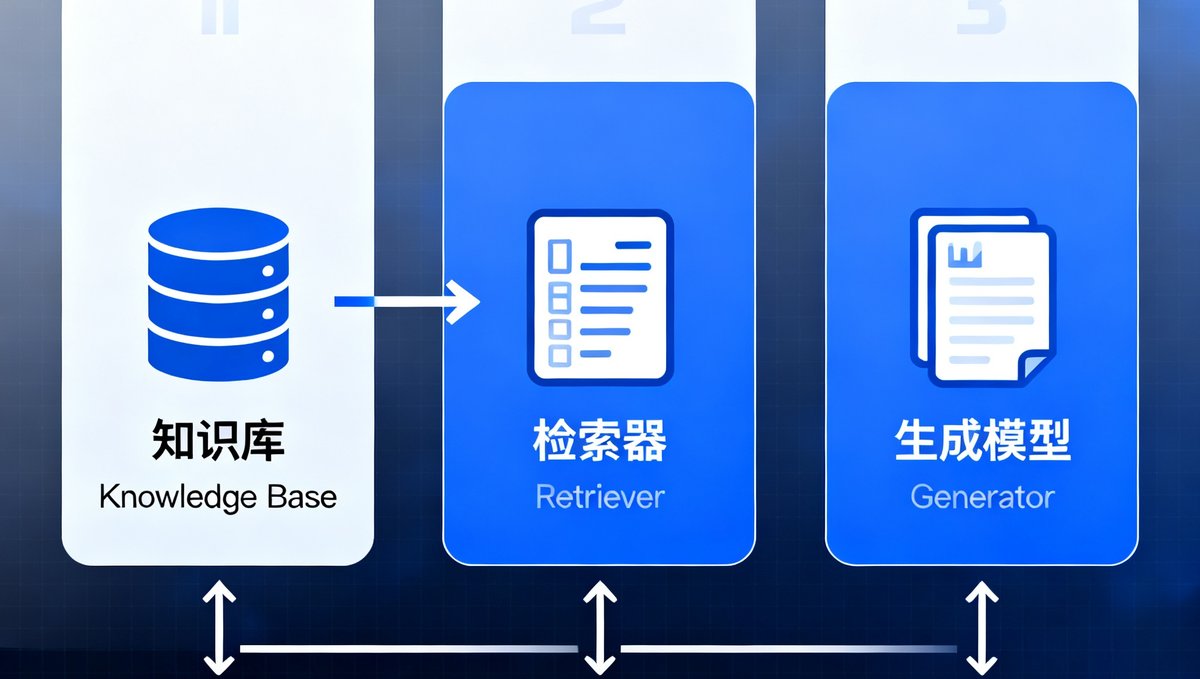 RAG检索增强生成技术图解，用简洁的图表展示检索器从知识库中提取相关文档再传递给生成模型的完整流程，配以中英文标注。