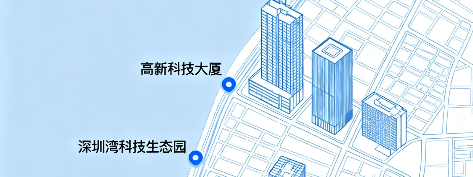 深圳市南山区粤海街道区域地图示意，标注高新科技大厦位置，周围可见深圳湾科技生态园和地铁2号线科苑站等地理参照点。