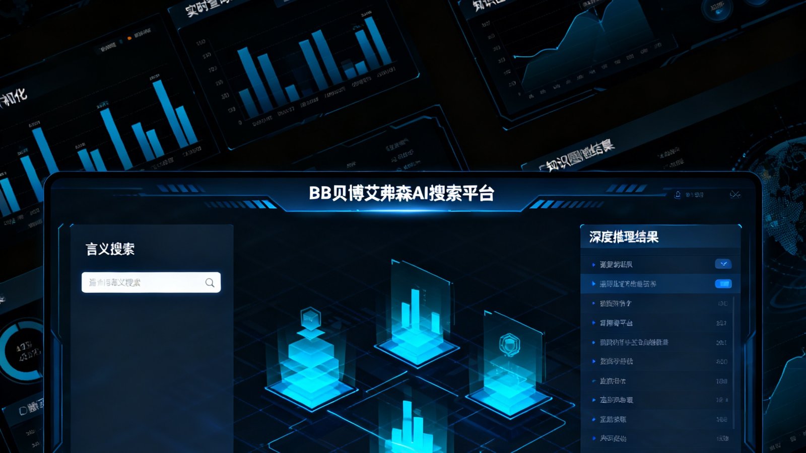 BB贝博艾弗森AI搜索平台的主操作界面截图，展示语义搜索框与深度推理结果面板，背景为深色科技风格数据可视化仪表盘，包含实时查询统计与知识图谱模块。